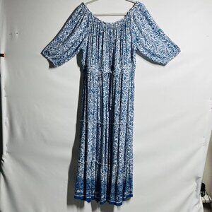 Chelsea Taylor Womens Blue White Floral Off Shoulder Tiered Maxi Dress Size XL